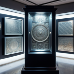 An expansive, futuristic virtual gallery in the metaverse, showcasing meticulously detailed traditional Malaysian metal art. Displays feature gleaming Kelantan silver ornaments, intricate Kuala Kangsar copper engravings, and historic Keris blades on elegant pedestals. The immersive environment has soft, professional lighting and subtle holographic informational plaques. The virtual space is designed for global access and cultural preservation, high quality, digital art, ultra-detailed, cinematic. Safe for work, appropriate content, fully clothed, professional, family-friendly, perfect anatomy, correct proportions, natural pose.