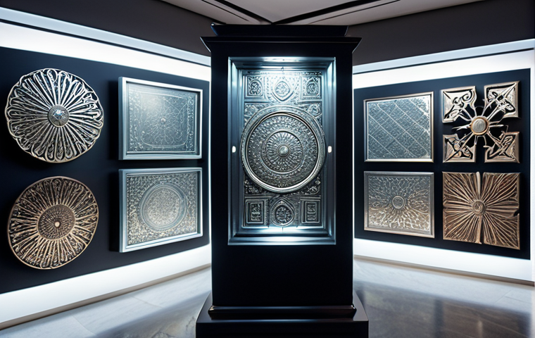 An expansive, futuristic virtual gallery in the metaverse, showcasing meticulously detailed traditional Malaysian metal art. Displays feature gleaming Kelantan silver ornaments, intricate Kuala Kangsar copper engravings, and historic Keris blades on elegant pedestals. The immersive environment has soft, professional lighting and subtle holographic informational plaques. The virtual space is designed for global access and cultural preservation, high quality, digital art, ultra-detailed, cinematic. Safe for work, appropriate content, fully clothed, professional, family-friendly, perfect anatomy, correct proportions, natural pose.