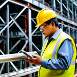 A professional Malaysian engineer, fully clothed in appropriate industrial workwear and safety helmet, observing the hot-dip galvanizing process for large steel structures within a clean and well-lit manufacturing plant in Malaysia. The scene emphasizes the scale and importance of metal surface treatment, with industrial machinery and safety equipment visible in the background. perfect anatomy, correct proportions, natural pose, well-formed hands, proper finger count, natural body proportions, safe for work, appropriate content, professional, high quality, detailed, realistic photography.