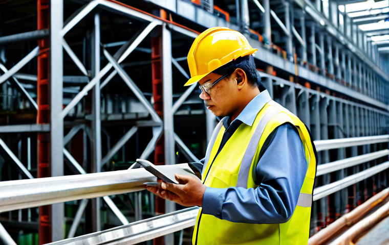 A professional Malaysian engineer, fully clothed in appropriate industrial workwear and safety helmet, observing the hot-dip galvanizing process for large steel structures within a clean and well-lit manufacturing plant in Malaysia. The scene emphasizes the scale and importance of metal surface treatment, with industrial machinery and safety equipment visible in the background. perfect anatomy, correct proportions, natural pose, well-formed hands, proper finger count, natural body proportions, safe for work, appropriate content, professional, high quality, detailed, realistic photography.