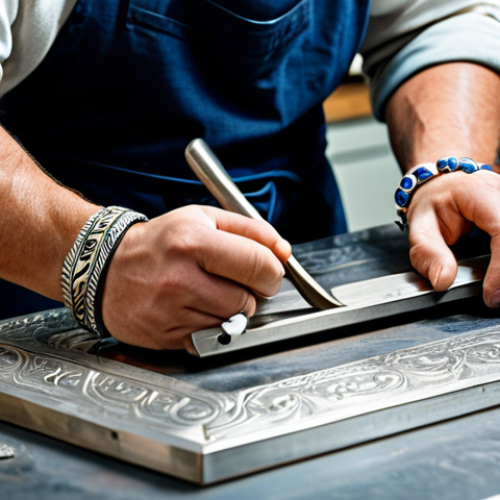 **

A close-up, professional photograph of a silversmith working in a brightly lit workshop. The silversmith, fully clothed in a modest workshop apron and sleeves, is carefully engraving intricate details onto a silver bracelet using specialized tools. Tools and completed pieces of jewelry are artfully arranged on the workbench around them. Perfect anatomy, correct proportions, natural pose, high quality, professional, family-friendly, appropriate attire.

**