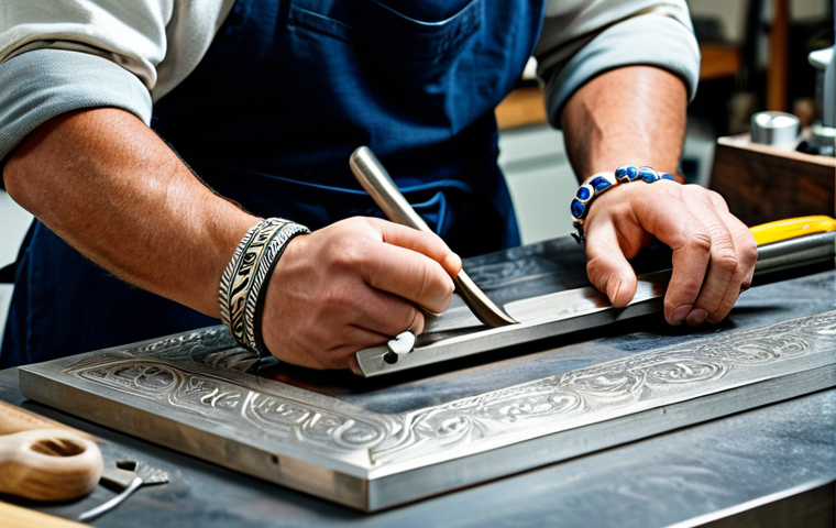 **
A close-up, professional photograph of a silversmith working in a brightly lit workshop. The silversmith, fully clothed in a modest workshop apron and sleeves, is carefully engraving intricate details onto a silver bracelet using specialized tools. Tools and completed pieces of jewelry are artfully arranged on the workbench around them. Perfect anatomy, correct proportions, natural pose, high quality, professional, family-friendly, appropriate attire.
**